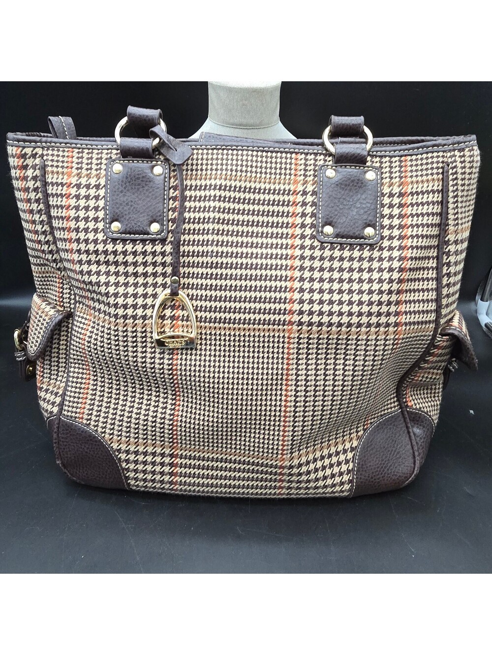 Vintage Chaps Plaid Houndstooth Shoulder Tote Bag Y2K Equestrian Academic Brown